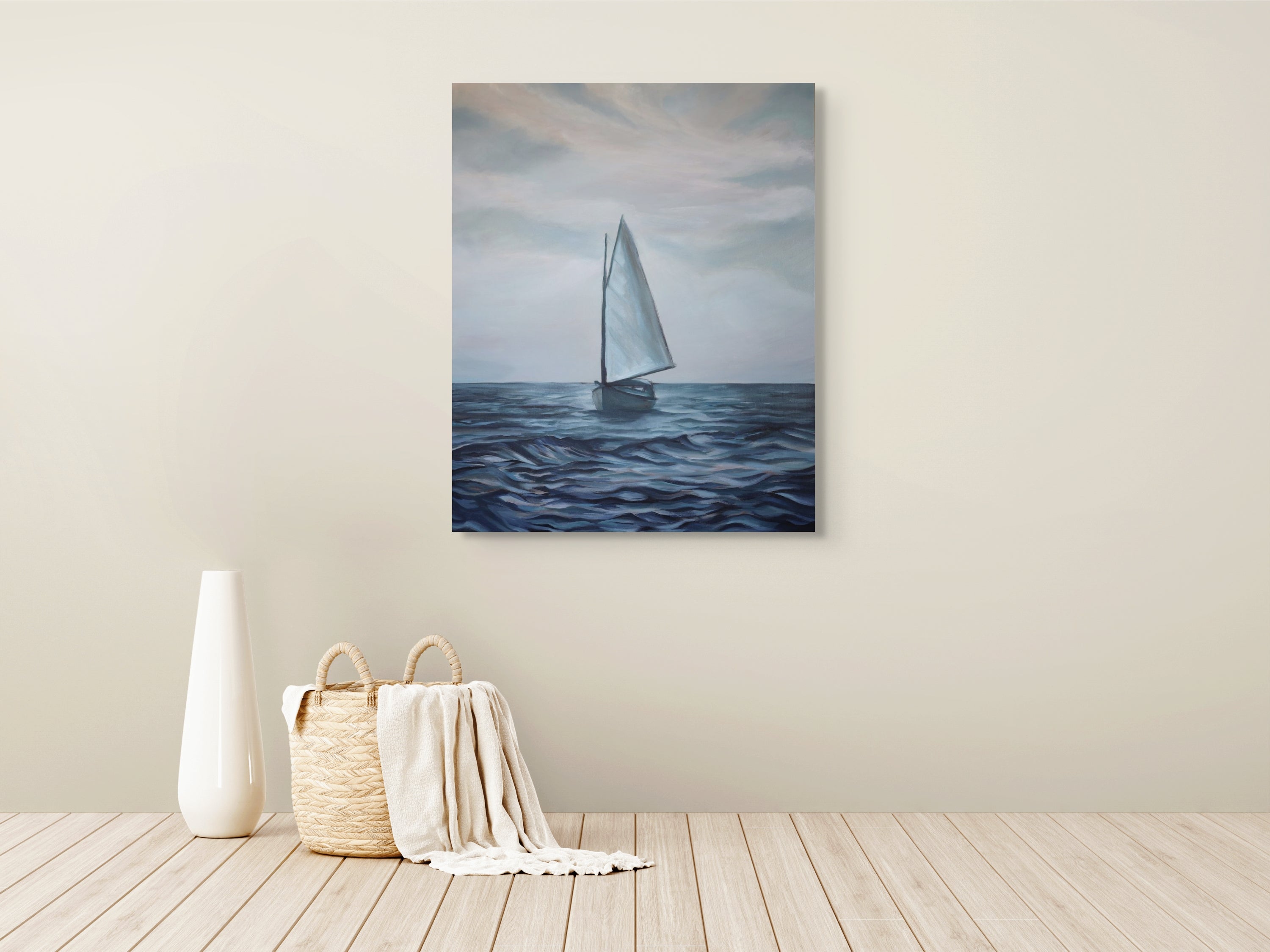 Homeward Bound original painting displayed in home, coastal artwork by Ellie Antonacci