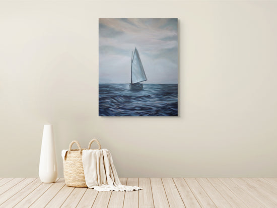 Homeward Bound original painting displayed in home, coastal artwork by Ellie Antonacci