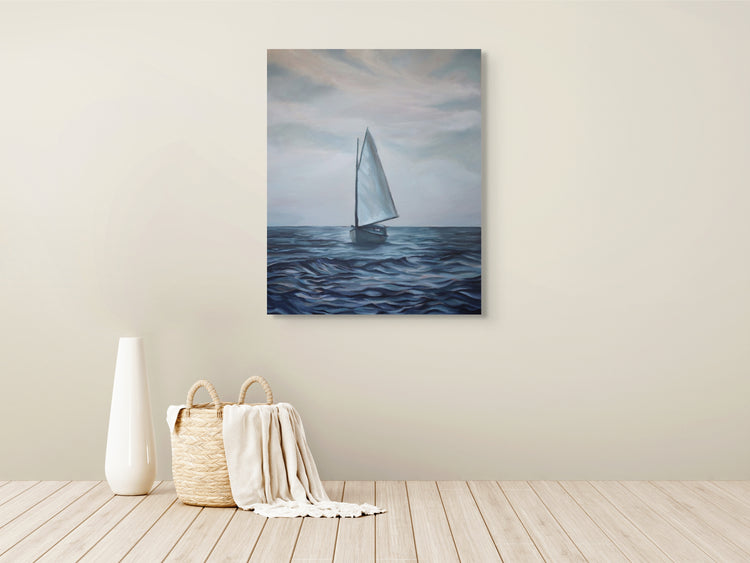 Homeward Bound original painting displayed in home, coastal artwork by Ellie Antonacci
