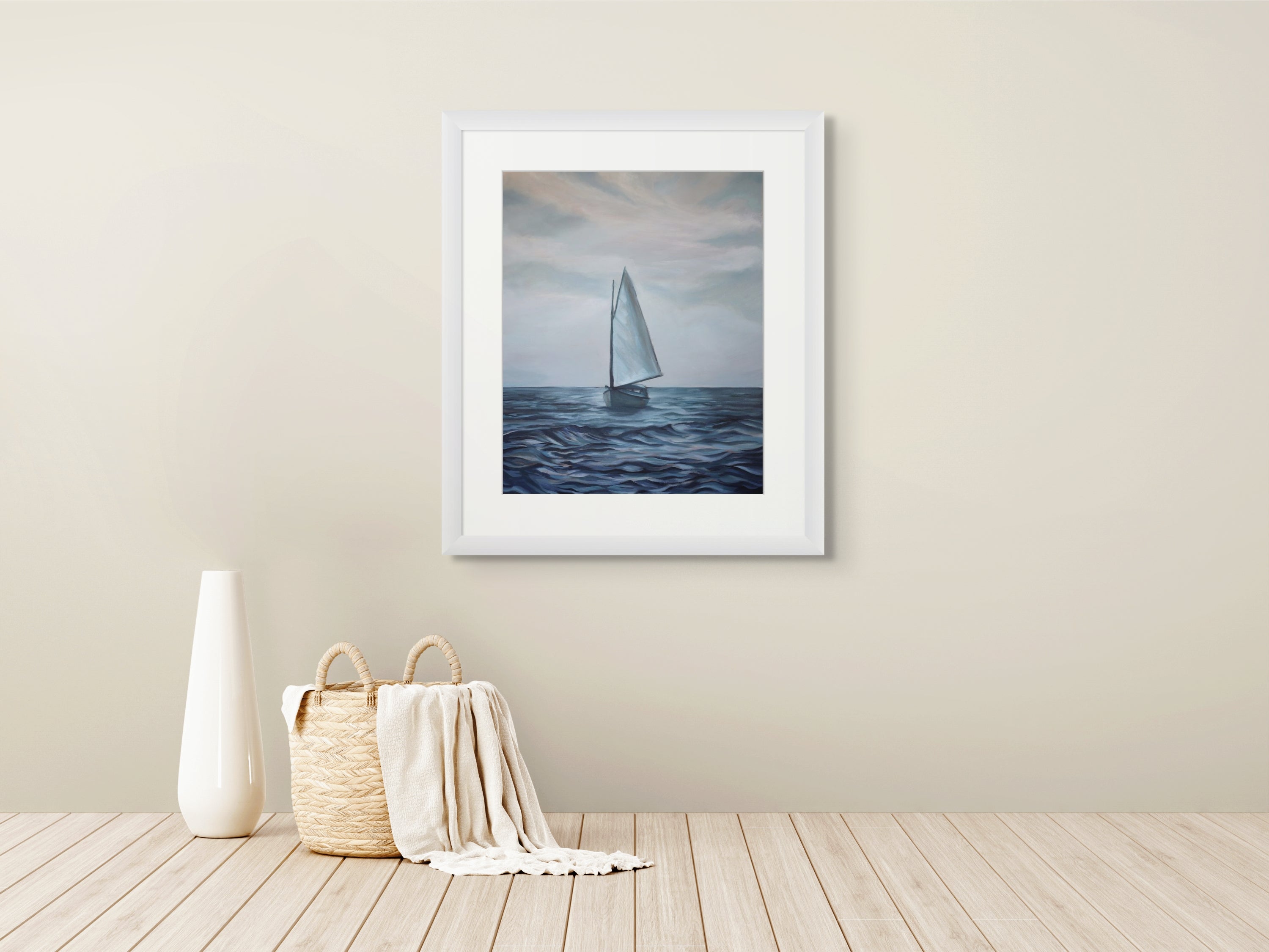 Homeward Bound art print framed on wall, coastal painting by Ellie Antonacci