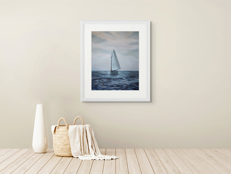 Homeward Bound art print framed on wall, coastal painting by Ellie Antonacci