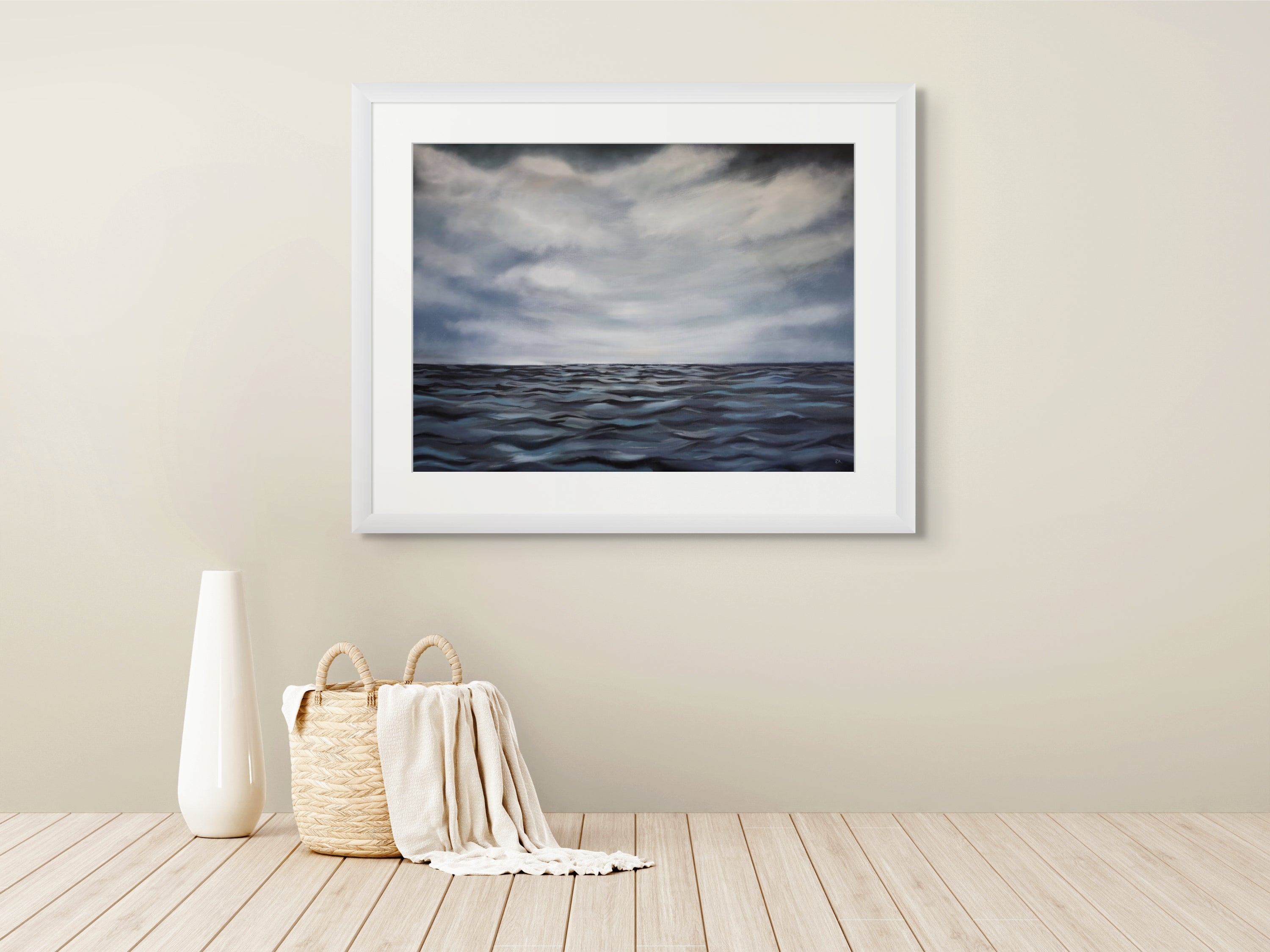 Still Horizon art print framed on wall, coastal painting by Ellie Antonacci